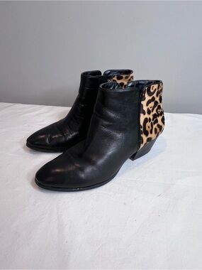 Franco Sarto Quasar black leather ankle boots leopard print calf hair heel 10